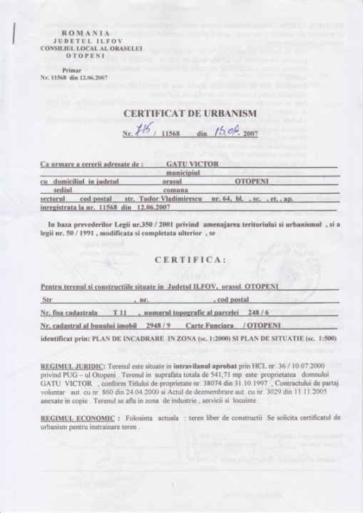 Teren intravilan Otopeni-Odai, 664 mp, COMISION 0%, P+2E, gaze, curent, asfalt