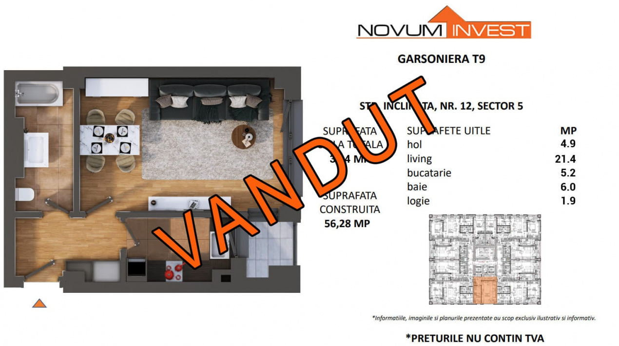 Garsoniera complex Novum Viilor, prima inchiriere !
