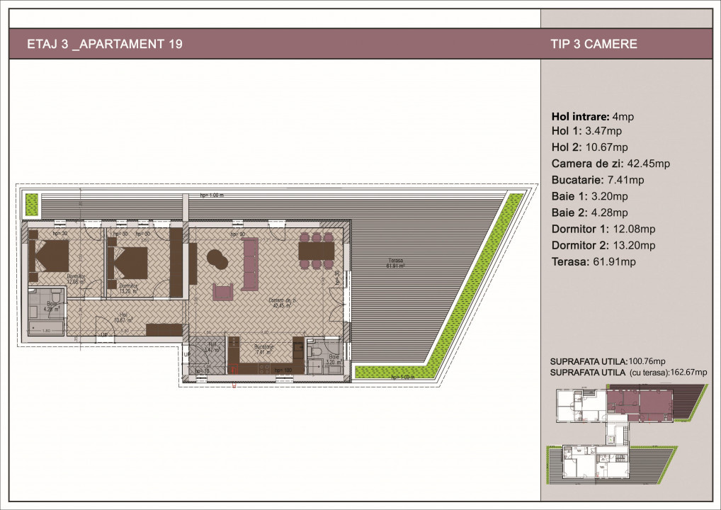 Apartament 3 camere + terasă 62mp, Nerva Traian, metrou Timpuri Noi